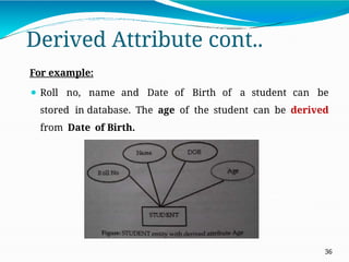 Derived Attribute cont..
For example:
⚫ Roll no, name and Date of Birth of a student can be
stored in database. The age of the student can be derived
from Date of Birth.
36
 