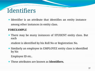 Identifiers
37
⚫ Identifier is an attribute that identifies an entity instance
among other instances in entity class.
FOREXAMPLE
⚫ There may be many instances of STUDENT entity class. But
each
student is identified by his Roll No or Registration No.
⚫ Similarly an employee in EMPLOYEE entity class is identified
by his
Employee ID etc..
⚫ These attributes are known as Identifiers.
 