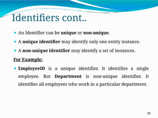 Identifiers cont..
39
⚫ An Identifier can be unique or non-unique.
⚫ A unique identifier may identify only one entity instance.
⚫ A non-unique identifier may identify a set of instances.
For Example:
⚫ EmployeeID is a unique identifier. It identifies a single
employee. But Department is non-unique identifier. It
identifies all employees who work in a particular department.
 