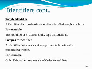 Identifiers cont..
40
Simple Identifier
A identifier that consist of one attribute is called simple attribute
For example
The identifier of STUDENT entity type is Student_Id.
Composite Identifier
A identifier that consists of composite attribute is called
composite attribute.
For example
OrderID identifer may consist of OrderNo and Date.
 