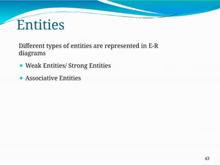 Entities
43
Different types of entities are represented in E-R
diagrams
⚫ Weak Entities/ Strong Entities
⚫ Associative Entities
 