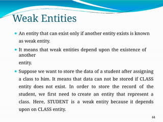 Weak Entities
44
⚫ An entity that can exist only if another entity exists is known
as weak entity.
⚫ It means that weak entities depend upon the existence of
another
entity.
⚫ Suppose we want to store the data of a student after assigning
a class to him. It means that data can not be stored if CLASS
entity does not exist. In order to store the record of the
student, we first need to create an entity that represent a
class. Here, STUDENT is a weak entity because it depends
upon on CLASS entity.
 