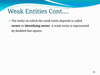 Weak Entities Cont.…
45
⚫ The entity on which the weak entity depends is called
owner or identifying owner. A weak entity is represented
by doubled line square.
 