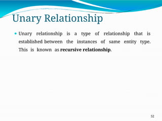 Unary Relationship
52
⚫ Unary relationship is a type of relationship that is
established between the instances of same entity type.
This is known as recursive relationship.
 