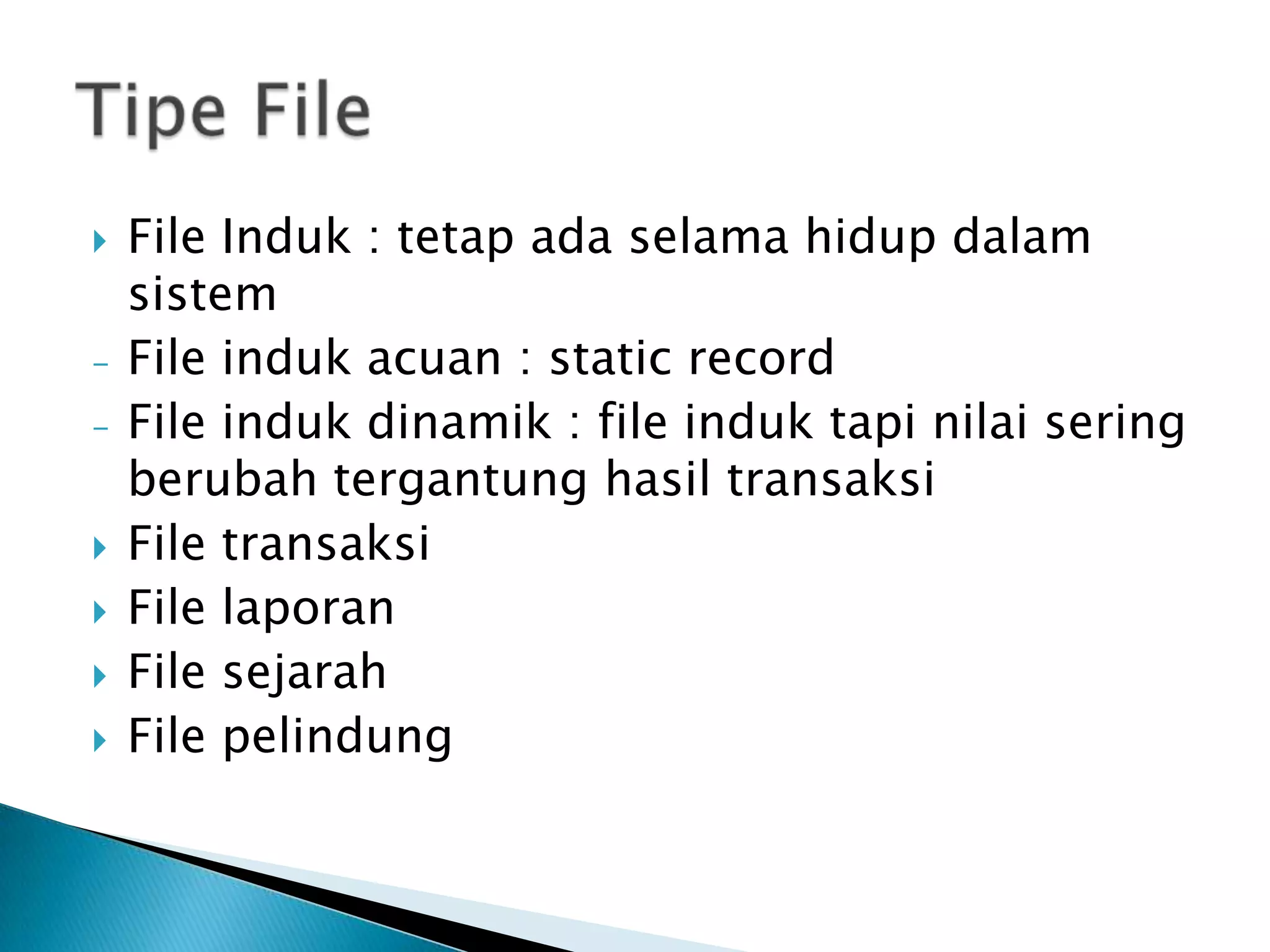    File Induk : tetap ada selama hidup dalam
    sistem
-   File induk acuan : static record
-   File induk dinamik : file induk tapi nilai sering
    berubah tergantung hasil transaksi
   File transaksi
   File laporan
   File sejarah
   File pelindung
 
