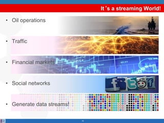 It‘s a streaming World!
• Oil operations
• Traffic
• Financial markets
• Social networks
• Generate data streams!
10
 