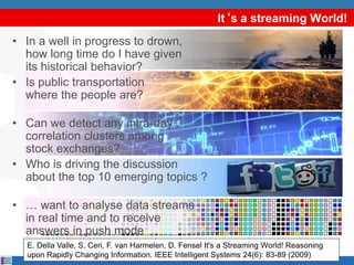 It‘s a streaming World!
• In a well in progress to drown,
how long time do I have given
its historical behavior?
• Is public transportation
where the people are?
• Can we detect any intra-day
correlation clusters among
stock exchanges?
• Who is driving the discussion
about the top 10 emerging topics ?
• … want to analyse data streams
in real time and to receive
answers in push mode
11
E. Della Valle, S. Ceri, F. van Harmelen, D. Fensel It's a Streaming World! Reasoning
upon Rapidly Changing Information. IEEE Intelligent Systems 24(6): 83-89 (2009)
 