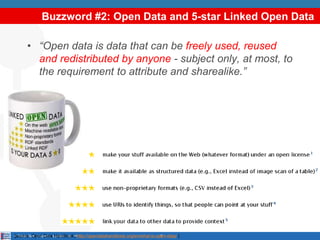 Buzzword #2: Open Data and 5-star Linked Open Data
• “Open data is data that can be freely used, reused
and redistributed by anyone - subject only, at most, to
the requirement to attribute and sharealike.”
7<<Texto libre: proyecto, speaker, etc.>>[source: Open Data Handbook, http://opendatahandbook.org/en/what-is-open-data/ ]
 