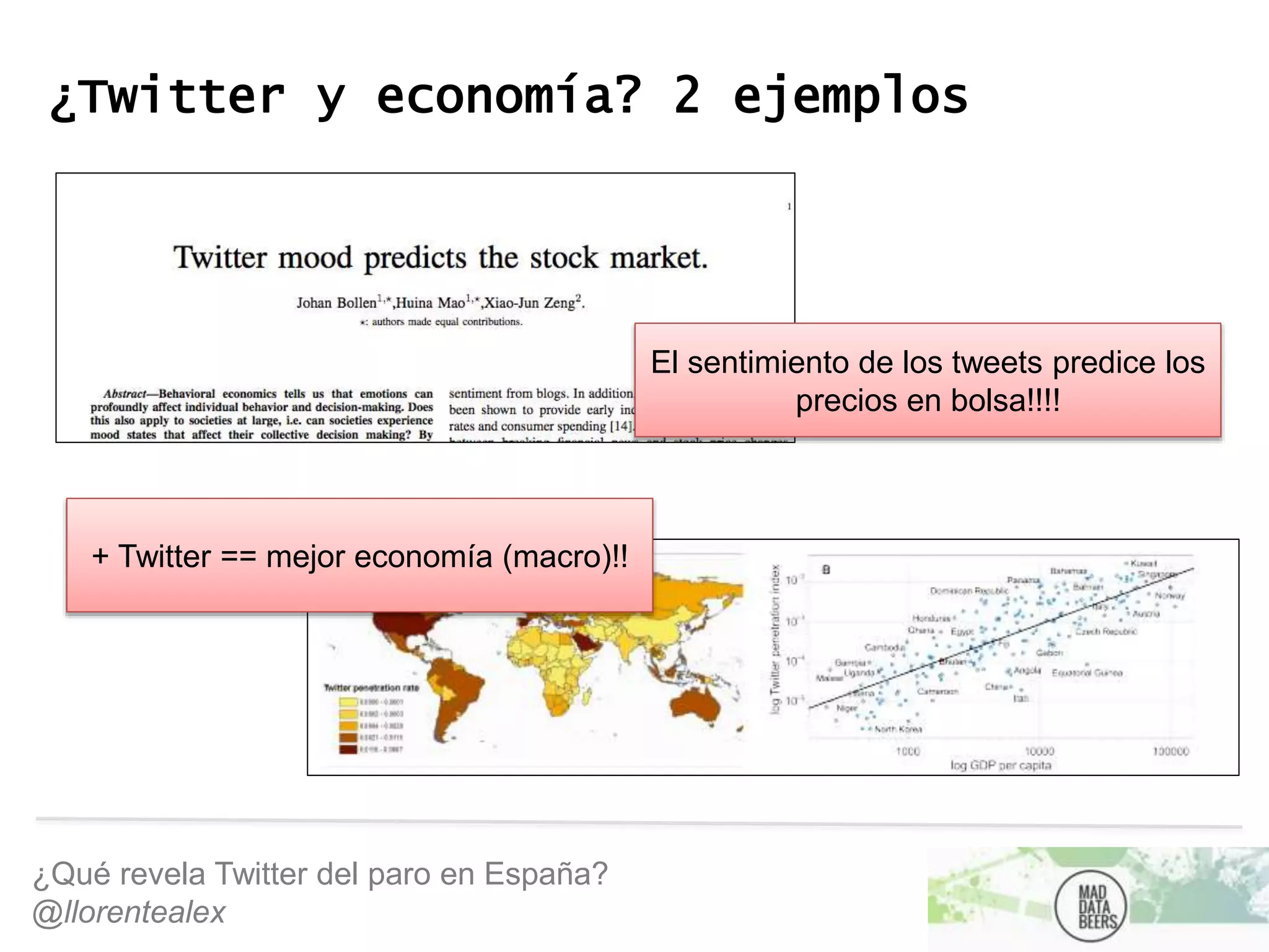 ¿Qué revela Twitter del paro en España?
@llorentealex
¿Twitter y economía? 2 ejemplos
+ Twitter == mejor economía (macro)!!
El sentimiento de los tweets predice los
precios en bolsa!!!!
 
