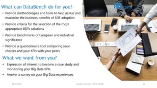 • Provide methodologies and tools to help assess and
maximise the business benefits of BDT adoption
• Provide criteria for...