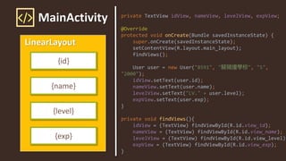 MainActivity
LinearLayout
{id}
{name}
{level}
{exp}
private TextView idView, nameView, levelView, expView;
@Override
protected void onCreate(Bundle savedInstanceState) {
super.onCreate(savedInstanceState);
setContentView(R.layout.main_layout);
findViews();
User user = new User("8591", " ", "5",
"2000");
idView.setText(user.id);
nameView.setText(user.name);
levelView.setText("LV." + user.level);
expView.setText(user.exp);
}
private void findViews(){
idView = (TextView) findViewById(R.id.view_id);
nameView = (TextView) findViewById(R.id.view_name);
levelView = (TextView) findViewById(R.id.view_level);
expView = (TextView) findViewById(R.id.view_exp);
}
 