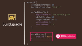 Build.gradle
android {
compileSdkVersion 23
buildToolsVersion "23.0.2"
defaultConfig {
applicationId "com.sprout.give"
minSdkVersion 15
targetSdkVersion 23
versionCode 1
versionName "1.0"
}
dataBinding {
enabled = true
}
}
DataBinding
 