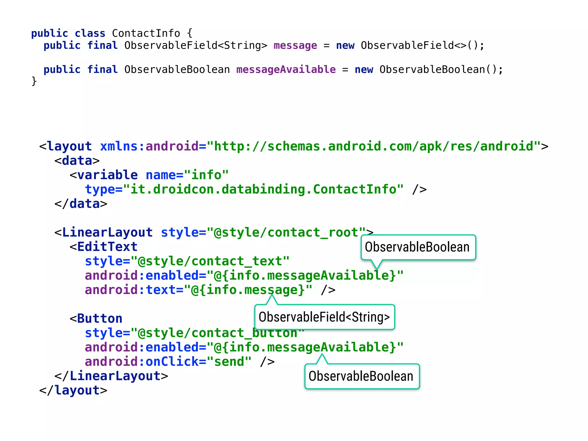 <layout xmlns:android="http://schemas.android.com/apk/res/android">  <data>  <variable name="info"  type="it.droidcon.databinding.ContactInfo" />  </data>    <LinearLayout style="@style/contact_root">  <EditText  style="@style/contact_text"  android:enabled="@{info.messageAvailable}"  android:text="@{info.message}" />    <Button  style="@style/contact_button"  android:enabled="@{info.messageAvailable}"  android:onClick="send" />  </LinearLayout>  </layout> 47 public class ContactInfo {  public final ObservableField<String> message = new ObservableField<>();_    public final ObservableBoolean messageAvailable = new ObservableBoolean();_  }__ ObservableField<String> ObservableBoolean ObservableBoolean 