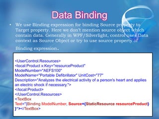 Data BindingWe use Binding expression for binding Source property to Target property. Here we don’t mention source object which contain data. Generally in WPF/Silverlight, control uses Data context as Source Object or try to use source property of Binding expression.<UserControl.Resources><local:Product x:Key="resourceProduct"ModelNumber="AEFS100"ModelName="Portable Defibrillator" UnitCost="77"Description="Analyzes the electrical activity of a person's heart and appliesan electric shock if necessary."></local:Product></UserControl.Resources><TextBoxText="{Binding ModelNumber, Source={StaticResourceresourceProduct} }“></TextBox>