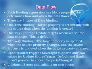 Data Flow Each Binding expression has Mode property which determines how and when the data flows. There are 3 types of Data bindingOne Time Binding : Target property is set initially with the source data when the binding is createdOne way Binding : Update targets whenever source data changes. This is defaultTwo Way Binding : The target property is updated when the source property changes, and the source Property is updated when the target property changes.UpdateSourceTrigger : Silverlight supports only two values for Update SourceTrigger: Default and Explicit. It isn’t possible to choose PropertyChangedValidateonErrors and validate on exceptions