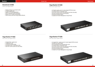 Switch Smart Lite
SmartLite G1080
28
VigorSwitch P1092
PoE Smart Lite Gigabit Switch
8 Gigabit PoE+ capable ports
2 Gigabit SFP ports
110-watt PoE power budget
Port-based & 802.1Q tag-based VLAN
QoS with 4 priority queues and rate limiting
Simple and Easy to use network switch
8 Gigabit capable ports
Support HTTP Web Management
QoS for application traffic prioritization
Support up to 8 VLANs simultaneously
Power saving by 802.3az Energy Efficient Ethernet
Smart Lite Gigabit Switch
VigorSwitch P1280
24 Gigabit capable ports & 4 combo Gigabit SFP/RJ-45 ports
Port-based & 802.1Q tag-based VLAN
Auto Voice VLAN for easy VoIP deployment and best call quality
QoS with 8 priority queues and rate limiting
Dual-stack IPv4/IPv6 support
Compliant with Switch Management of Vigor Router
VigorSwitch G1280
Web Smart Gigabit Switch
24 Gigabit PoE+ capable ports & 4 combo Gigabit SFP/RJ-45 ports
340-watt PoE power budget
PoE Scheduling & Ping watchdog power cycle
Port-based & 802.1Q tag-based VLAN
Auto Voice VLAN for easy VoIP deployment and best call quality
QoS with 8 priority queues and rate limiting
Dual-stack IPv4/IPv6 support
Compliant with Switch Management of Vigor Router
29
Web Smart
PoE Web Smart Gigabit Switch
 