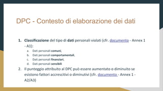 DPC - Contesto di elaborazione dei dati
1. Classificazione del tipo di dati personali violati (cfr. documento - Annex 1
- A1):
a. Dati personali comuni,
b. Dati personali comportamentali,
c. Dati personali finanziari,
d. Dati personali sensibili
2. Il punteggio attribuito al DPC pu essere aumentato o diminuito se
esistono fattori accrescitivi o diminutivi (cfr. documento - Annex 1 -
A2/A3)
 