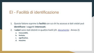 EI - Facilit di identificazione
1. Questo fattore esprime la facilit con cui chi ha accesso ai dati violati pu
identificare i soggetti interessati;
2. I valori sono stati distinti in quattro livelli (cfr. documento - Annex 2):
a. trascurabile,
b. limitato,
c. significativo,
d. massimo
 