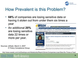 How Prevalent is this Problem?
     • 68% of companies are losing sensitive data or
       having it stolen out from under them six times a
       year
     • An additional 20%
       are losing sensitive
       data 22 times or
       more per year.

Sources: eWeek, March 3, 2007
         IT Policy Compliance Group

 http://www.eweek.com/c/a/Desktops-and-Notebooks/Report-Some-Companies-Lose-Data-Six-Times-a-Year/

                                                                                                19
 