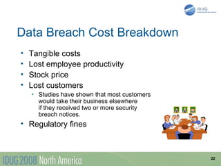 Data Breach Cost Breakdown
•   Tangible costs
•   Lost employee productivity
•   Stock price
•   Lost customers
    • Studies have shown that most customers
      would take their business elsewhere
      if they received two or more security
      breach notices.
• Regulatory fines



                                               22
 