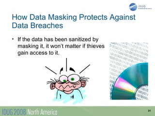 How Data Masking Protects Against
Data Breaches
• If the data has been sanitized by
  masking it, it won’t matter if thieves
  gain access to it.




                                           31
 