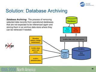 Solution: Database Archiving
Database Archiving: The process of removing
                                                           Databases
selected data records from operational databases
that are not expected to be referenced again and
storing them in an archive data store where they
                                                        Data       Data
can be retrieved if needed.                            Extract     Recall



                           Metadata
                                                    Archive data store and retrieve
                        capture, design,
                         maintenance

Purge
                         Archive data
                                                                            Archive
                          query and
                            access
                                                   metadata                  data
                                                    policies                metadata
                                                    history
                          Archive
                        administration




                                                                                       48
 