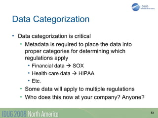 Data Categorization
• Data categorization is critical
  • Metadata is required to place the data into
    proper categories for determining which
    regulations apply
      • Financial data  SOX
      • Health care data  HIPAA
      • Etc.
   • Some data will apply to multiple regulations
   • Who does this now at your company? Anyone?

                                                    53
 