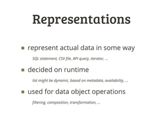SQL statement
iterator
SELECT *
FROM products
WHERE price < 100
engine.execute(statement)
Representations
SQL statement that can
be composed
actual rows fetched
from database
 