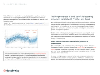 4 3
T H E B I G B O O K O F D AT A S C I E N C E U S E C A S E S
That’s it! We can now visualize how our actual and predicted data line up as well as
a forecast for the future using Prophet’s built-in .plot method. As you can see, the
weekly and seasonal demand patterns we illustrated earlier are in fact reflected in the
forecasted results.
predict_fig = model.plot(forecast_pd, xlabel='date', ylabel='sales')
display(fig)
This visualization is a bit busy. Bartosz Mikulski provides an excellent breakdown
of it that is well worth checking out. In a nutshell, the black dots represent our
actuals with the darker blue line representing our predictions and the lighter blue
band representing our (95%) uncertainty interval.
Training hundreds of time series forecasting
models in parallel with Prophet and Spark
Now that we’ve demonstrated how to build a single time series forecasting model, we
can use the power of Apache Spark to multiply our efforts. Our goal is to generate not
one forecast for the entire data set, but hundreds of models and forecasts for each
product-store combination, something that would be incredibly time consuming to
perform as a sequential operation.
Building models in this way could allow a grocery store chain, for example, to create
a precise forecast for the amount of milk they should order for their Sandusky store
that differs from the amount needed in their Cleveland store, based upon the differing
demand at those locations.
How to use Spark DataFrames to distribute the processing of
time series data
Data scientists frequently tackle the challenge of training large numbers of models
using a distributed data processing engine such as Apache Spark. By leveraging a Spark
cluster, individual worker nodes in the cluster can train a subset of models in parallel
with other worker nodes, greatly reducing the overall time required to train the entire
collection of time series models.
Of course, training models on a cluster of worker nodes (computers) requires more
cloud infrastructure, and this comes at a price. But with the easy availability of on-
demand cloud resources, companies can quickly provision the resources they need,
 