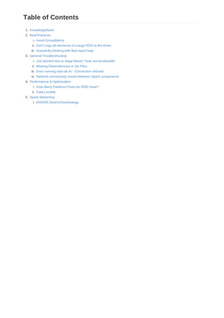 1. Knowledgebase
2. Best Practices
i. Avoid GroupByKey
ii. Don't copy all elements of a large RDD to the driver
iii. Gracefully Dealing with Bad Input Data
3. General Troubleshooting
i. Job aborted due to stage failure: Task not serializable:
ii. Missing Dependencies in Jar Files
iii. Error running start-all.sh - Connection refused
iv. Network connectivity issues between Spark components
4. Performance & Optimization
i. How Many Partitions Does An RDD Have?
ii. Data Locality
5. Spark Streaming
i. ERROR OneForOneStrategy
Table of Contents
 