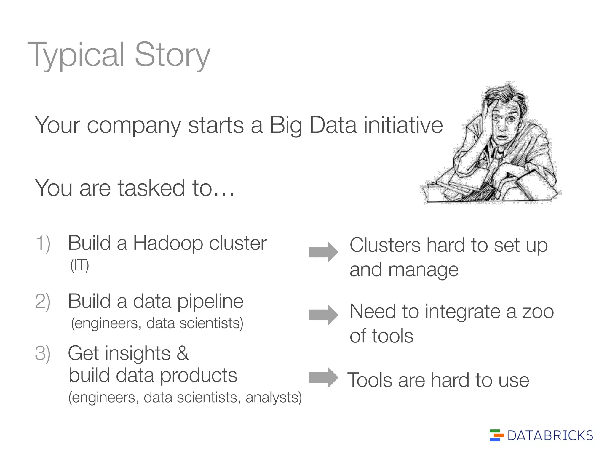 Typical Story 
Your company starts a Big Data initiative 
You are tasked to… 
1) Build a Hadoop cluster 
2) Build a data pipeline 
3) Get insights & 
build data products 
Clusters hard to set up 
and manage 
Need to integrate a zoo 
of tools 
Tools are hard to use 
(IT) 
(engineers, data scientists) 
(engineers, data scientists, analysts) 
 