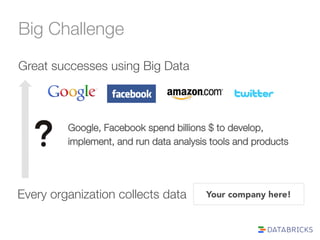Big Challenge 
Great successes using Big Data 
Google, Facebook spend billions $ to develop, 
implement, and run data anal...