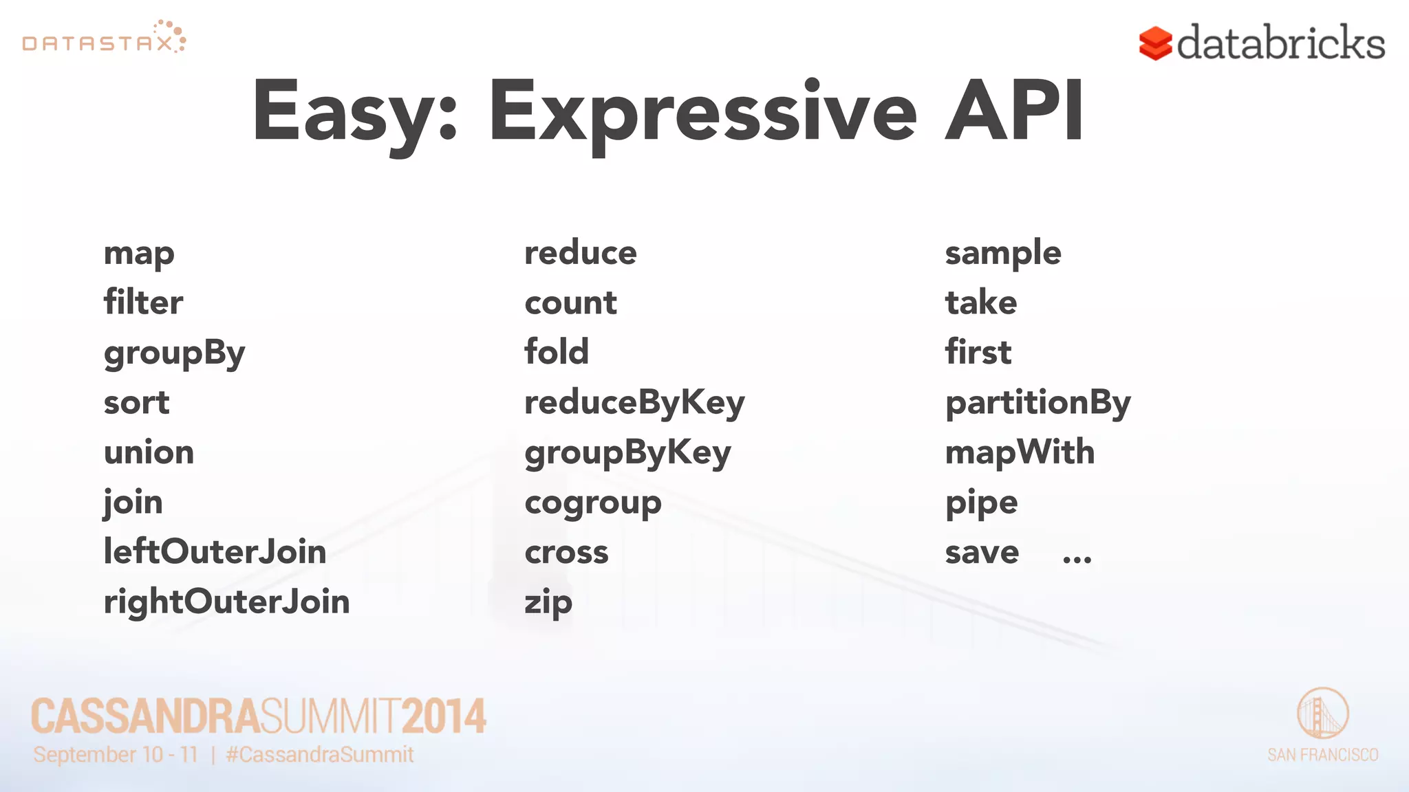 Easy: Expressive API 
map 
filter 
groupBy 
sort 
union 
join 
leftOuterJoin 
rightOuterJoin 
reduce 
count 
fold 
reduceByKey 
groupByKey 
cogroup 
cross 
zip 
sample 
take 
first 
partitionBy 
mapWith 
pipe 
save ... 
 