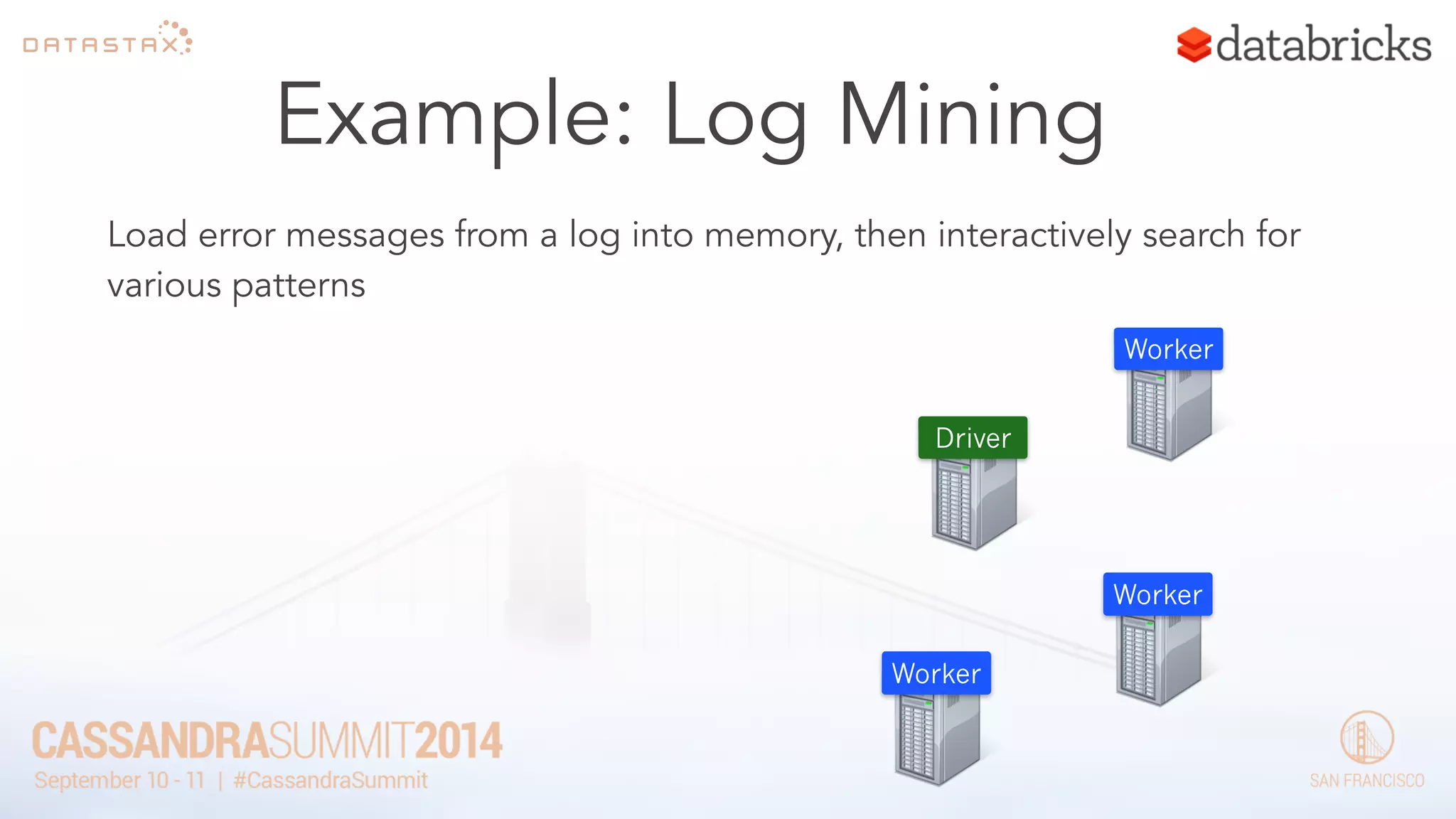 Load error messages from a log into memory, then interactively search for 
various patterns 
Worker 
Example: Log Mining 
Worker 
Worker 
Driver 
 