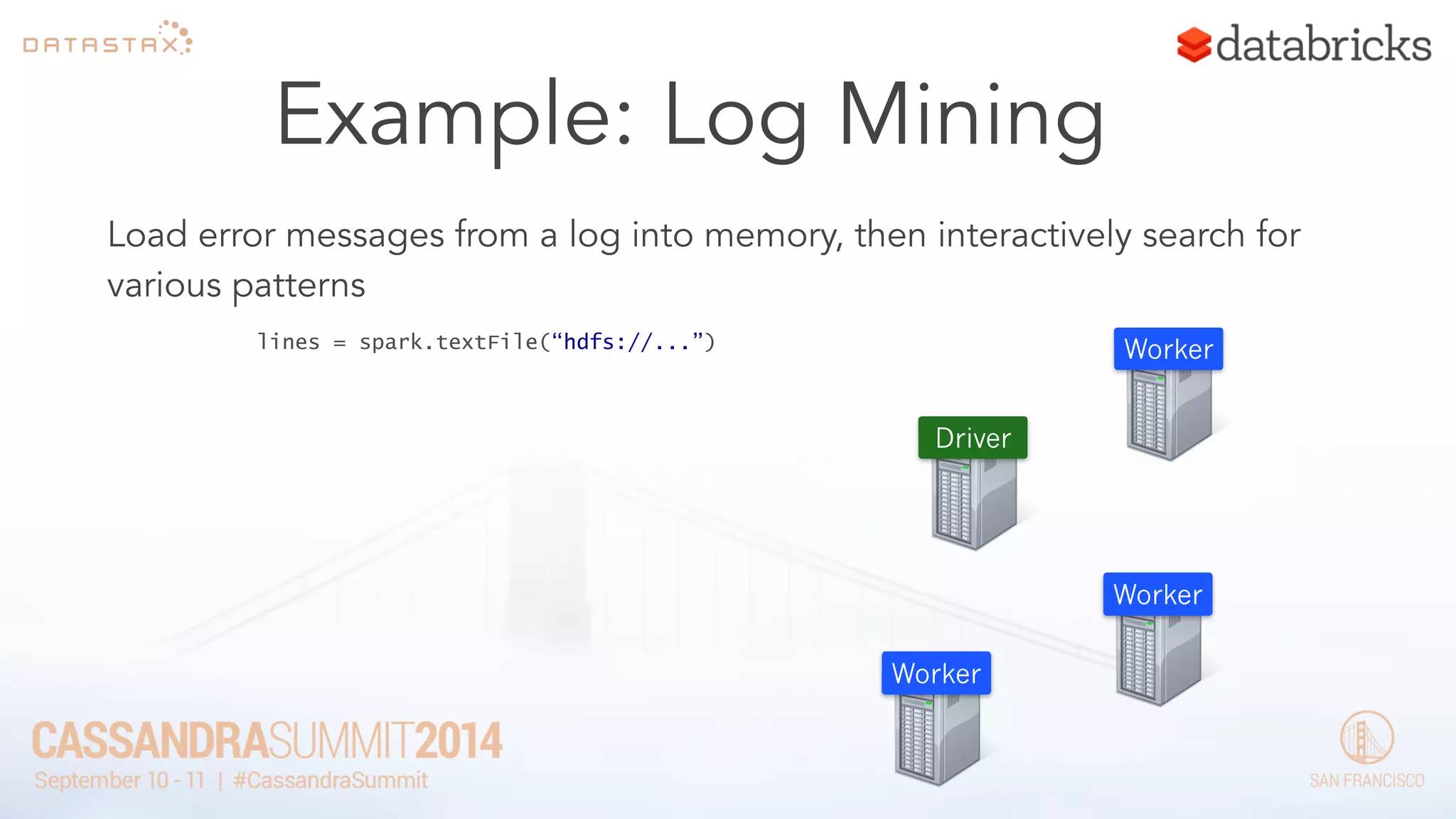 Load error messages from a log into memory, then interactively search for 
various patterns 
Worker 
Example: Log Mining 
Worker 
Worker 
Driver 
lines = spark.textFile(“hdfs://...”) 
 