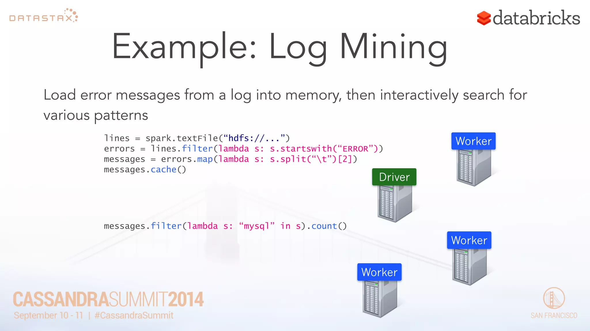 Example: Log Mining 
Load error messages from a log into memory, then interactively search for 
various patterns 
lines = spark.textFile(“hdfs://...”) 
errors = lines.filter(lambda s: s.startswith(“ERROR”)) 
messages = errors.map(lambda s: s.split(“t”)[2]) 
messages.cache() 
Worker 
Worker 
Worker 
Driver 
messages.filter(lambda s: “mysql” in s).count() 
 