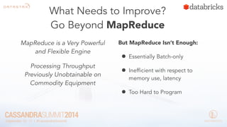 What Needs to Improve? 
Go Beyond MapReduce 
MapReduce is a Very Powerful 
and Flexible Engine 
Processing Throughput 
Previously Unobtainable on 
Commodity Equipment 
But MapReduce Isn’t Enough: 
• Essentially Batch-only 
• Inefficient with respect to 
memory use, latency 
• Too Hard to Program 
 
