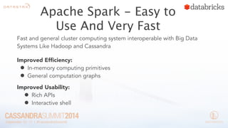 Apache Spark - Easy to 
Use And Very Fast 
Fast and general cluster computing system interoperable with Big Data 
Systems Like Hadoop and Cassandra 
Improved Efficiency: 
• In-memory computing primitives 
• General computation graphs 
Improved Usability: 
• Rich APIs 
• Interactive shell 
 