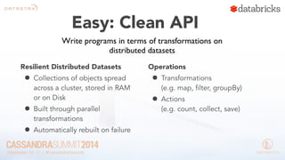 Easy: Clean API 
Write programs in terms of transformations on 
distributed datasets 
Resilient Distributed Datasets 
• Collections of objects spread 
across a cluster, stored in RAM 
or on Disk 
• Built through parallel 
transformations 
• Automatically rebuilt on failure 
Operations 
• Transformations 
(e.g. map, filter, groupBy) 
• Actions 
(e.g. count, collect, save) 
 