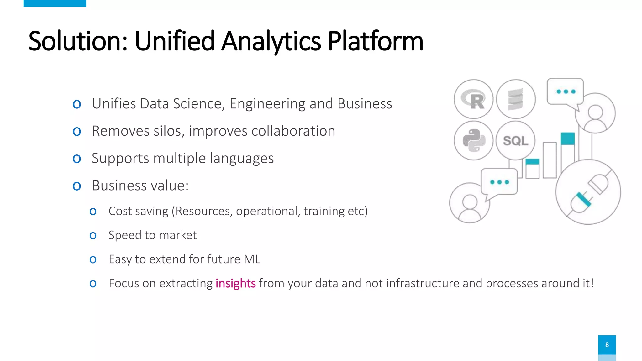 8
Solution: Unified Analytics Platform
ο Unifies Data Science, Engineering and Business
ο Removes silos, improves collaboration
ο Supports multiple languages
ο Business value:
ο Cost saving (Resources, operational, training etc)
ο Speed to market
ο Easy to extend for future ML
ο Focus on extracting insights from your data and not infrastructure and processes around it!
 