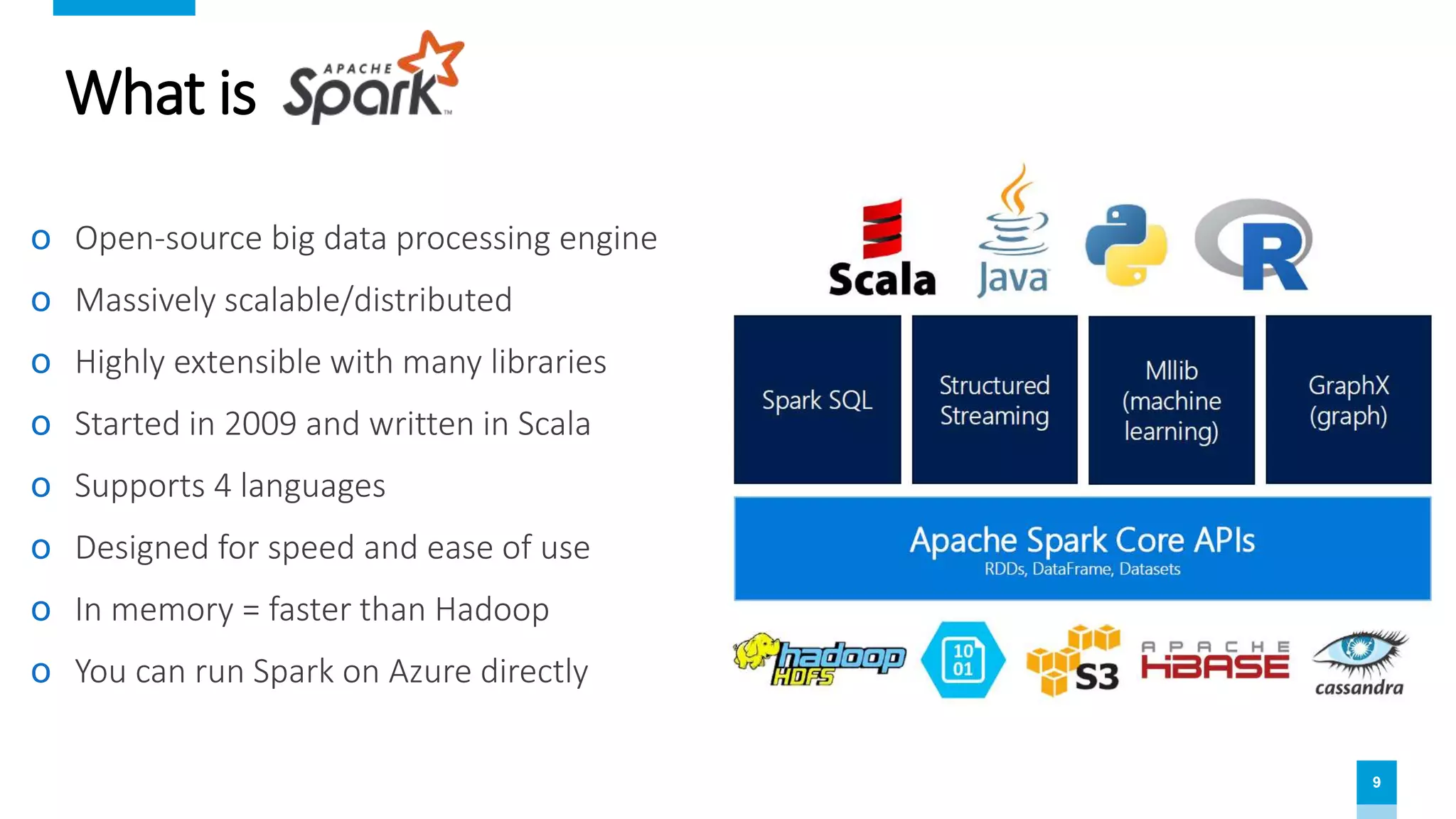 9
What is
ο Open-source big data processing engine
ο Massively scalable/distributed
ο Highly extensible with many libraries
ο Started in 2009 and written in Scala
ο Supports 4 languages
ο Designed for speed and ease of use
ο In memory = faster than Hadoop
ο You can run Spark on Azure directly
 