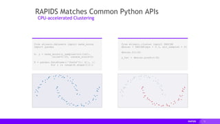 15
from sklearn.datasets import make_moons
import pandas
X, y = make_moons(n_samples=int(1e2),
noise=0.05, random_state=0)
X = pandas.DataFrame({'fea%d'%i: X[:, i]
for i in range(X.shape[1])})
from sklearn.cluster import DBSCAN
dbscan = DBSCAN(eps = 0.3, min_samples = 5)
dbscan.fit(X)
y_hat = dbscan.predict(X)
RAPIDS Matches Common Python APIs
CPU-accelerated Clustering
 
