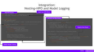 31
Integration:
Nesting+HPO and Model Logging
hpo_runner = HPO_Runner(hpo_train)
with mlflow.start_run(run_name=f"RAPIDS-HPO", nested=True):
search_space = [
uniform("max_depth", 5, 20),
uniform("max_features", 0.1, 1.0),
uniform("n_estimators", 150, 1000),
]
hpo_results = hpo_runner(fpath, search_space)
artifact_path = "rapids-mlflow-example"
with mlflow.start_run(run_name='Final Classifier', nested=True):
mlflow.sklearn.log_model(hpo_results.best_model,
artifact_path=artifact_path,
registered_model_name="rapids-mlflow-example",
conda_env='conda/conda.yaml')
from cuml.ensemble import RandomForestClassifier
from your_hpo_library import HPO_Runner
# Called by hpo_runner
def hpo_train(params):
X_train, X_test, y_train, y_test = load_data(params.fpath)
with mlflow.start_run(run_name=f”Trial {params.trail}",
nested=True):
mod = RandomForestClassifier(
max_depth=params.max_depth,
max_features=params.max_features,
n_estimators=params.n_estimators
)
mod.fit(X_train, y_train)
preds = mod.predict(X_test)
accuracy = accuracy_score(y_test, preds
return mod, accuracy
Add HPO Runner
Log Runs and Best Model
Import our HPO library
Update Nested Training
Register Best Result
 