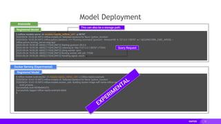 35
Model Deployment
$ mlflow models serve -m models:/rapids_mlflow_cli/1 -p 56767
2020/09/24 18:05:26 INFO mlflow.models.cli: Selected backend for flavor 'python_function'
2020/09/24 18:05:26 INFO mlflow.pyfunc.backend: === Running command 'gunicorn --timeout=60 -b 127.0.0.1:56767 -w 1 ${GUNICORN_CMD_ARGS} --
mlflow.pyfunc.scoring_server.wsgi:app'
[2020-09-24 18:05:26 -0600] [17024] [INFO] Starting gunicorn 20.0.4
[2020-09-24 18:05:26 -0600] [17024] [INFO] Listening at: http://127.0.0.1:56767 (17024)
[2020-09-24 18:05:26 -0600] [17024] [INFO] Using worker: sync
[2020-09-24 18:05:26 -0600] [17026] [INFO] Booting worker with pid: 17026
[2020-09-24 18:05:28 -0600] [17024] [INFO] Handling signal: winch
Registered Model
Anaconda
This can also be a storage path.
Query Request
Docker Serving (Experimental)
$ mlflow models build-docker -m models:/rapids_mlflow_cli/9 -n mlflow-rapids-example
2020/09/24 16:43:18 INFO mlflow.models.cli: Selected backend for flavor 'python_function'
2020/09/24 16:43:18 INFO mlflow.models.docker_utils: Building docker image with name mlflow-rapids-example
…. build process ….
Successfully built 900f8e84b370
Successfully tagged mlflow-rapids-example:latest
$
Registered Model
EXPERIM
ENTAL
 