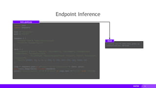 36
Endpoint Inference
import json
import requests
host = 'localhost'
port = '56767'
headers = {
"Content-Type": "application/json",
"format": "pandas-split"
}
data = {
"columns": ["Year", "Month", "DayofMonth", "DayofWeek", "CRSDepTime",
"CRSArrTime", "UniqueCarrier",
"FlightNum", "ActualElapsedTime", "Origin", "Dest", "Distance",
"Diverted"],
"data": [[1987, 10, 1, 4, 1, 556, 0, 190, 247, 202, 162, 1846, 0]]
}
resp = requests.post(url="http://%s:%s/invocations" % (host, port),
data=json.dumps(data), headers=headers)
print('Classification: %s' % ("ON-Time" if resp.text == "[0.0]" else "LATE"))
test_query.py
$ python src/rf_test/test_query.py
Classification: ON-Time
Shell
 
