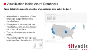 Visualization inside Azure Databricks
Azure Databricks supports a number of visualization plots out of the box !
 All notebooks, regardless of their
language, support Databricks
visualizations.
 When you run the notebook the
visualizations are rendered inside
the notebook in-place
 The visualizations are written in
HTML.
 You can change the plot type just
by picking from the selection
 