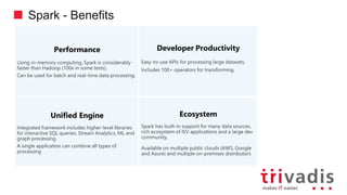 Spark - Benefits
Performance
Using in-memory computing, Spark is considerably
faster than Hadoop (100x in some tests).
Can be used for batch and real-time data processing.
Developer Productivity
Easy-to-use APIs for processing large datasets.
Includes 100+ operators for transforming.
Ecosystem
Spark has built-in support for many data sources,
rich ecosystem of ISV applications and a large dev
community.
Available on multiple public clouds (AWS, Google
and Azure) and multiple on-premises distributors
Unified Engine
Integrated framework includes higher-level libraries
for interactive SQL queries, Stream Analytics, ML and
graph processing.
A single application can combine all types of
processing.
 