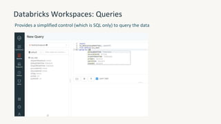Databricks Workspaces: Queries
Provides a simplified control (which is SQL only) to query the data
 