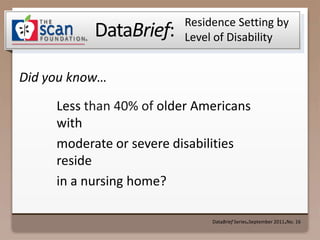  Residence Setting by   Level of Disability  Less than 40% of older Americans with  moderate or severe disabilities reside  in a nursing home? DataBrief Series ● September 2011 ● No. 16 