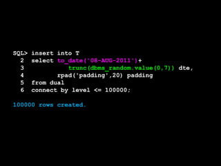 SQL>   insert into T
  2    select to_date('08-AUG-2011')+
  3              trunc(dbms_random.value(0,7)) dte,
  4           rpad('padding',20) padding
  5    from dual
  6    connect by level <= 100000;

100000 rows created.
 